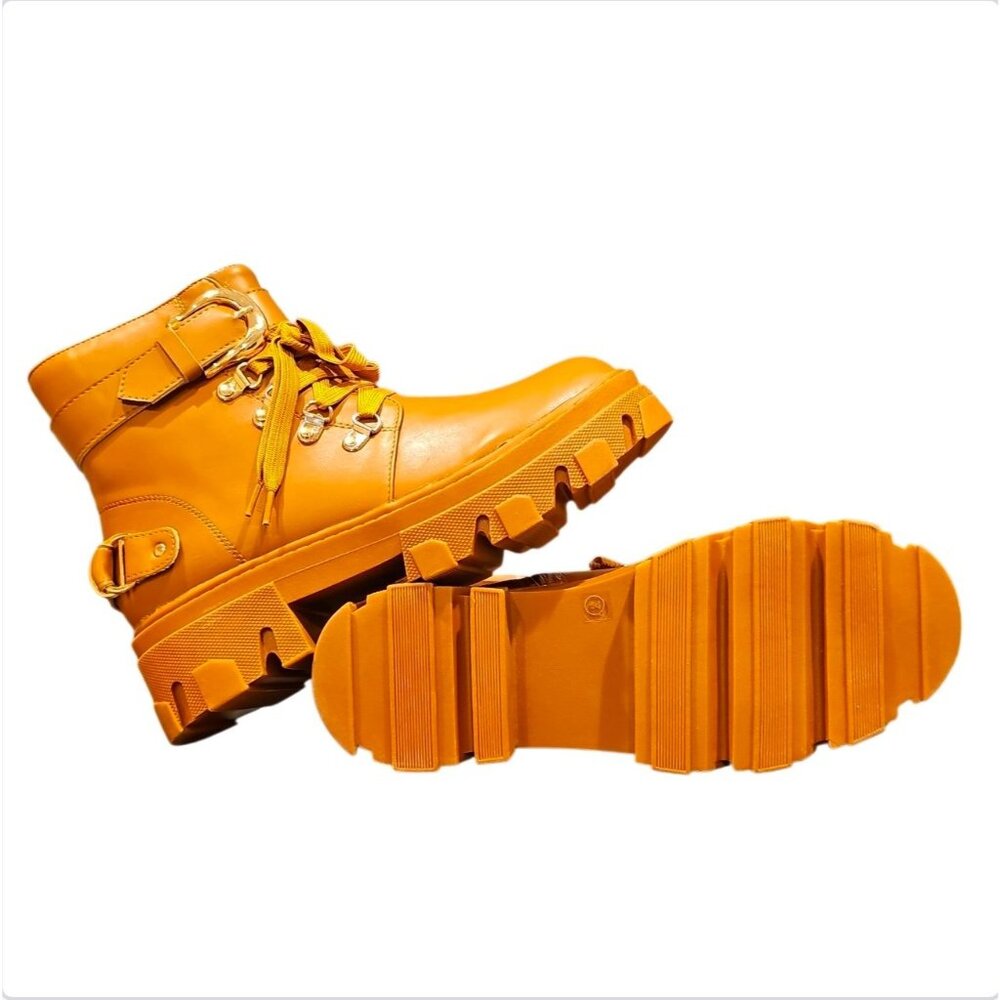 Chunky Tan Combat Boots With Buckles & Zipper Design For Women - Picture 7 of 9